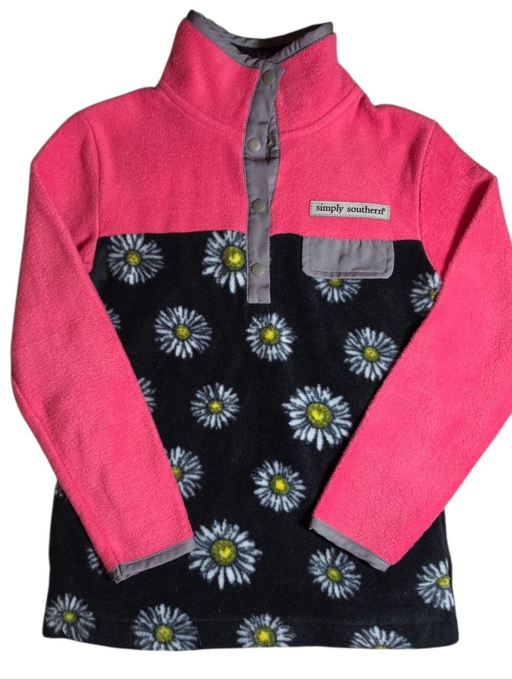 Simply Southern Girls Pink & Black Daisy Fleece Pullover - Small